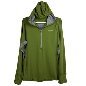 Patagonia Men's Long Sleeve Half Zip Hoodie Olive Green Running Top - Medium